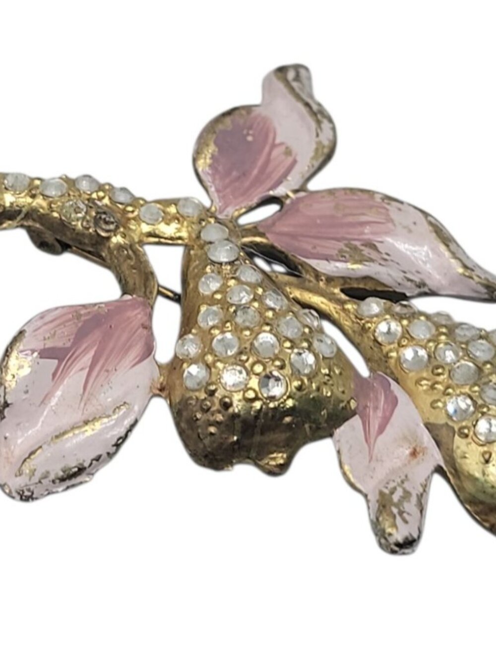 Vintage Period Pear Branch Rhinestone Brooch Pin Pink Gold Tone Dujay Copy - Picture 5 of 15